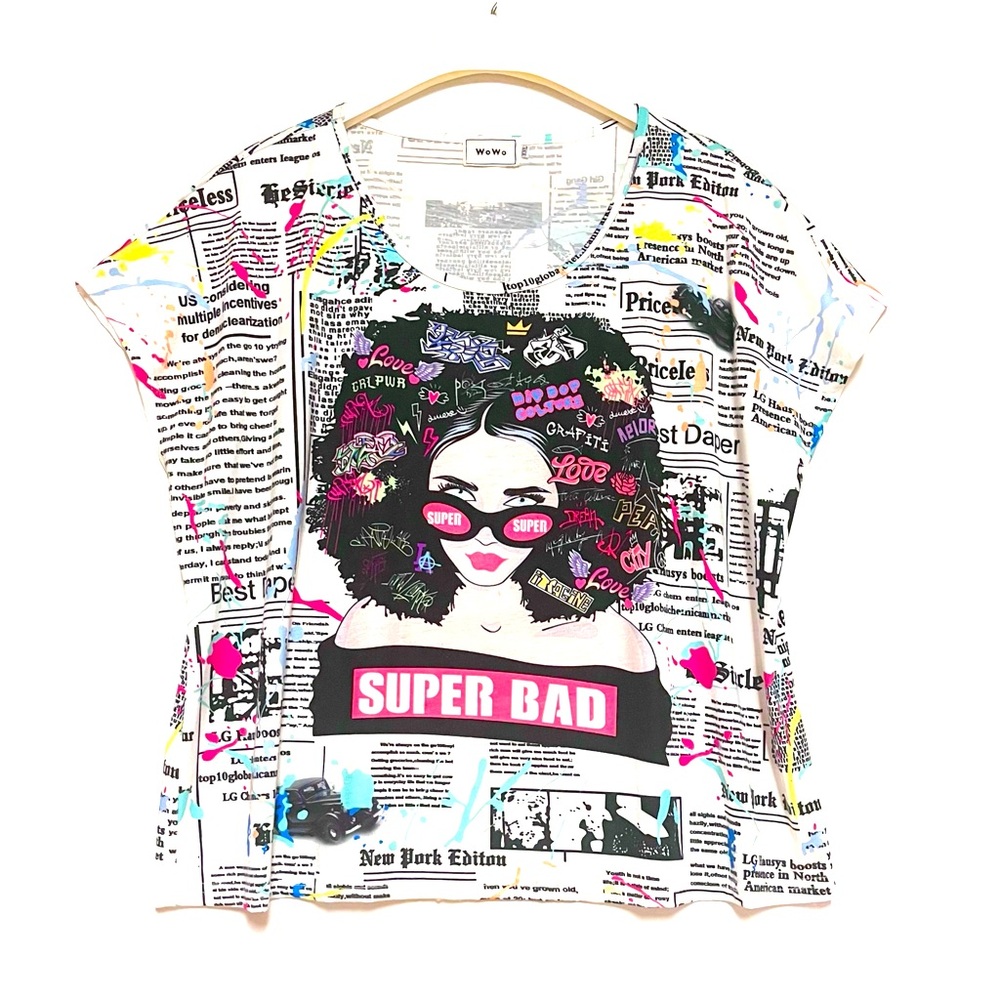 WOWO Boxy Baby Tee Novelty Graphic Print Top Plus SZ 2X XXL Super Bad Newspaper